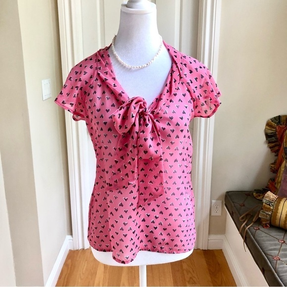 Lily Star Blouse Top Sheer Pink with Heart Pattern and Scoop Tie Neck (S) - Picture 1 of 9